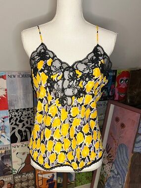 Natori Yellow Floral Cami with Black Lace Trim